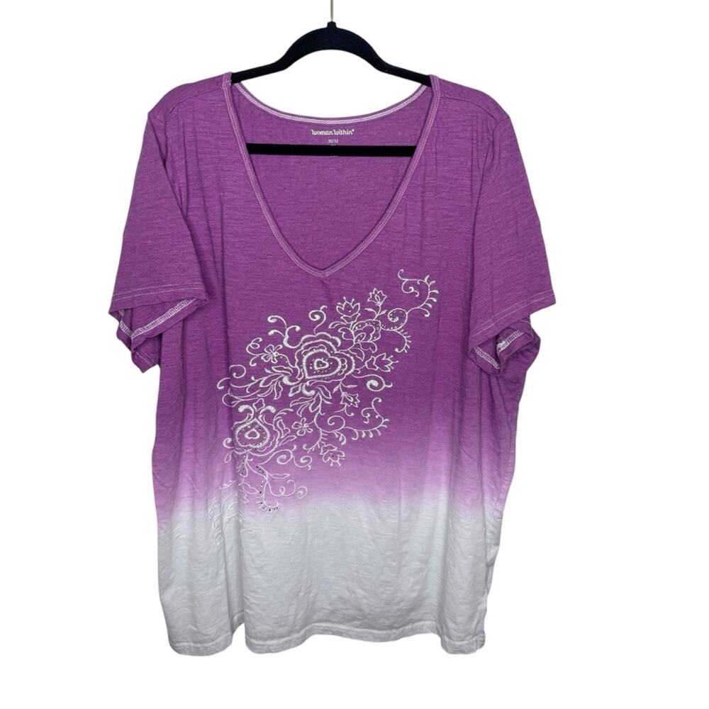 WOMAN WITHIN / purple white ombre floral embroidered short sleeve tee / 3X
